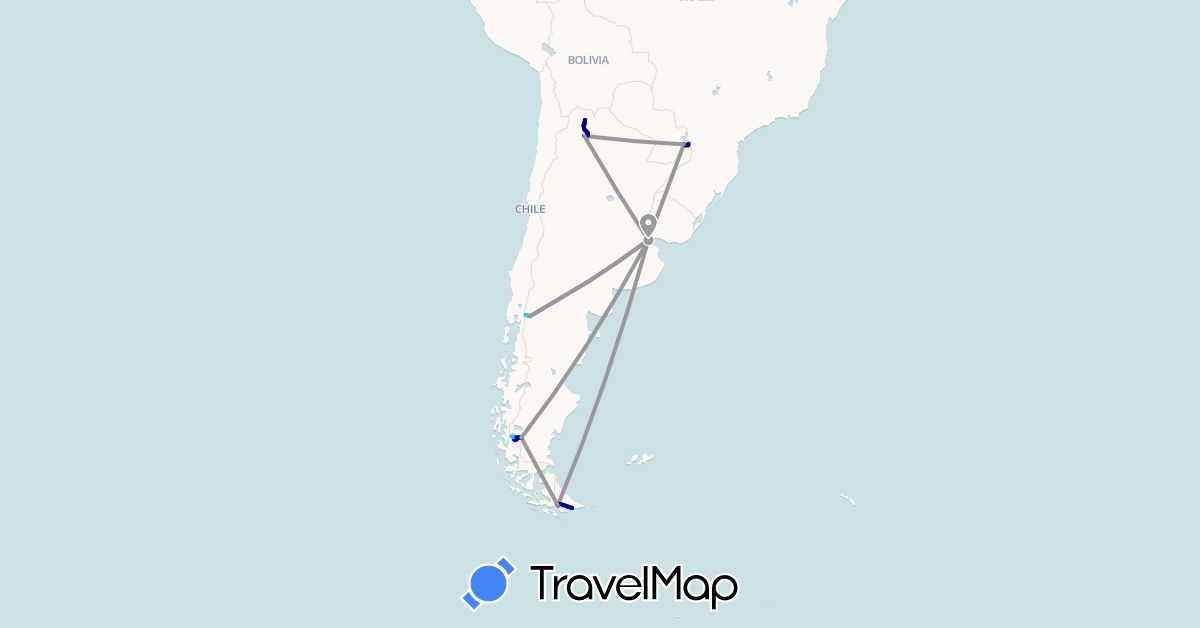TravelMap itinerary: driving, plane, boat in Argentina (South America)