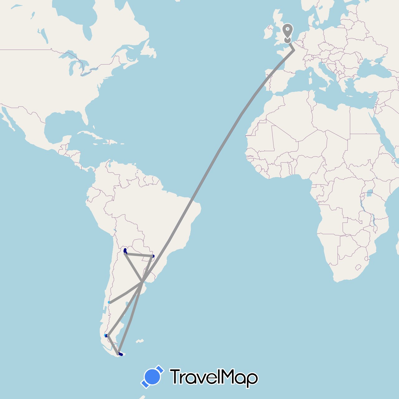 TravelMap itinerary: driving, plane, boat in Argentina, France, United Kingdom (Europe, South America)