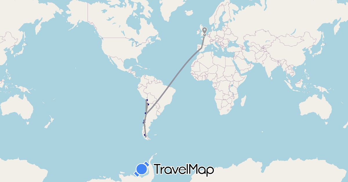 TravelMap itinerary: driving, plane in Chile, Spain, United Kingdom (Europe, South America)
