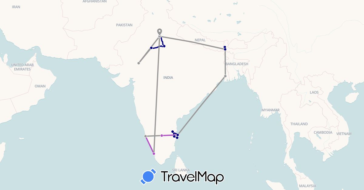 TravelMap itinerary: driving, plane, train in India (Asia)