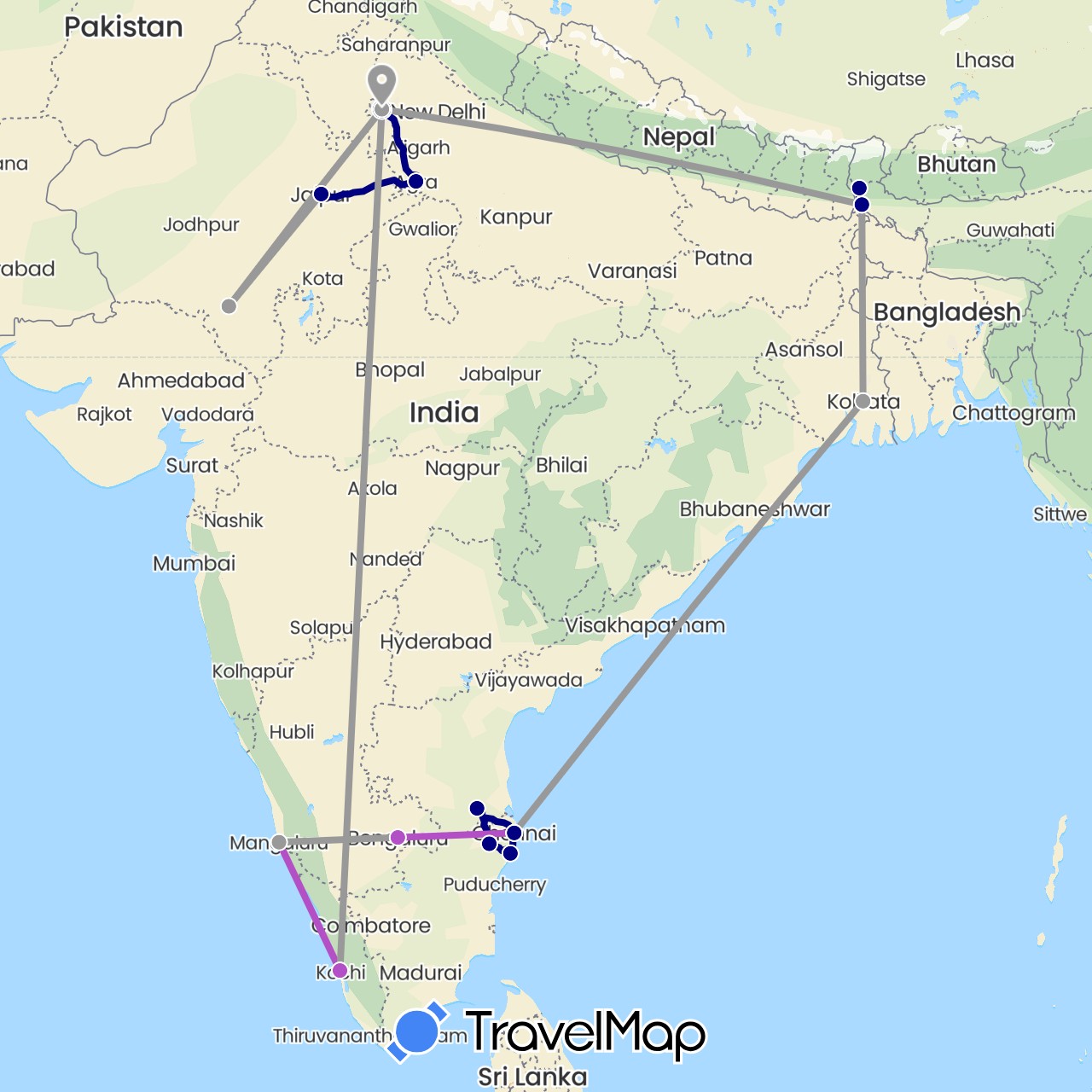 TravelMap itinerary: driving, plane, train in India (Asia)