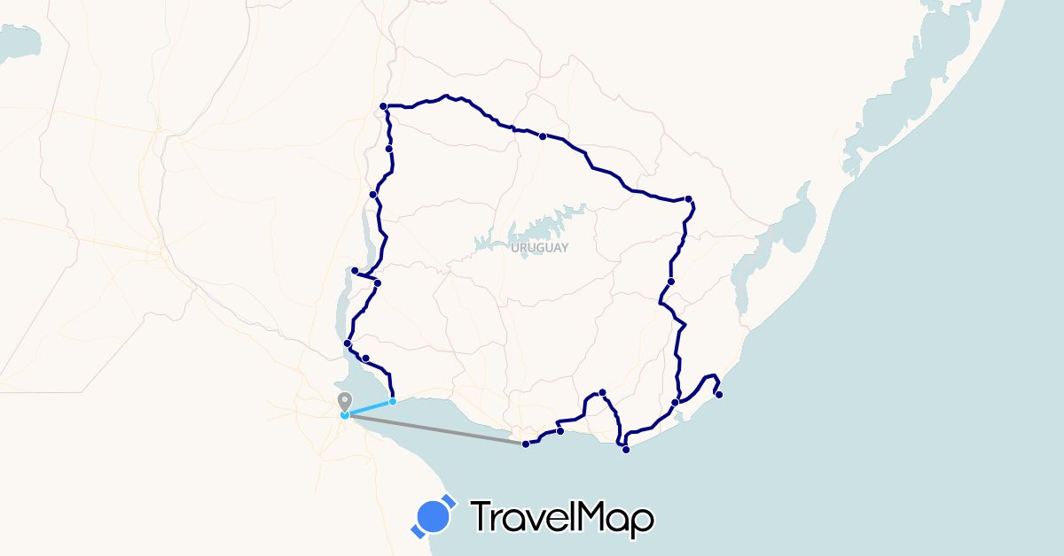 TravelMap itinerary: driving, plane, boat in Argentina, Uruguay (South America)