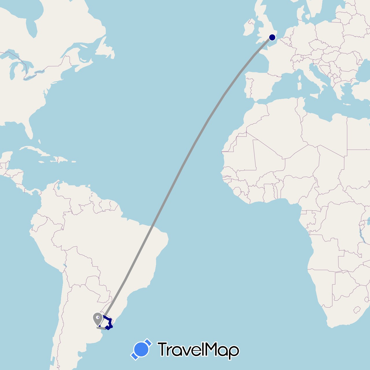 TravelMap itinerary: driving, plane, boat in Argentina, United Kingdom, Uruguay (Europe, South America)