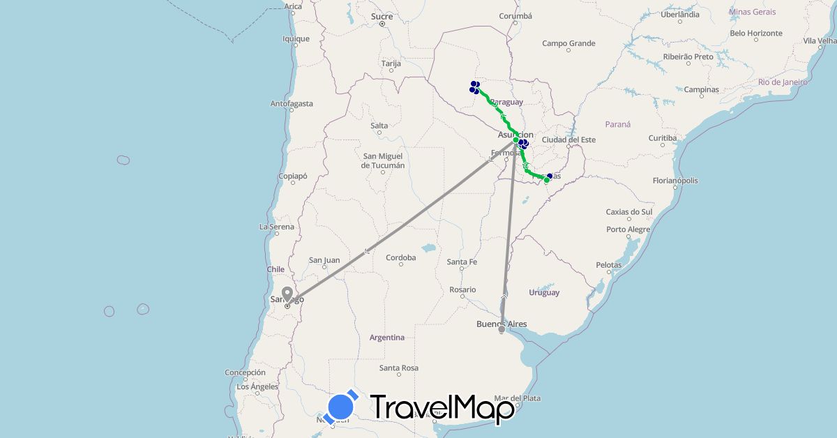 TravelMap itinerary: driving, bus, plane in Argentina, Chile, Paraguay (South America)