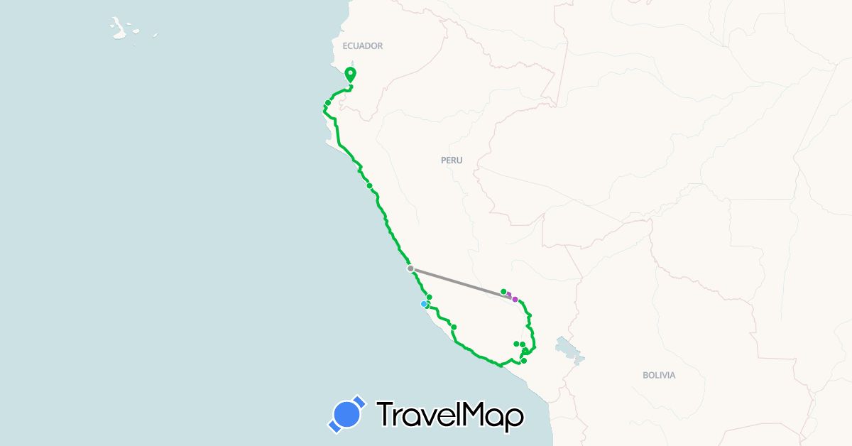 TravelMap itinerary: driving, bus, plane, train, boat in Ecuador, Peru (South America)