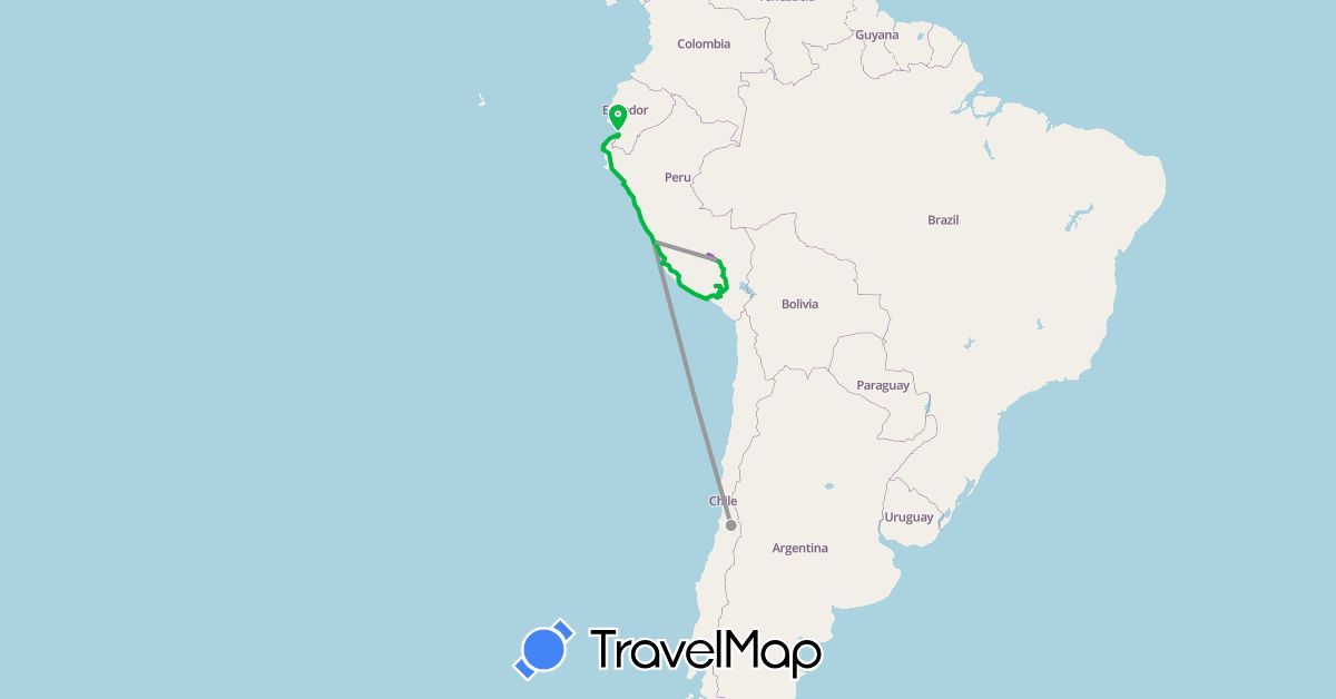 TravelMap itinerary: bus, plane, train, boat in Chile, Ecuador, Peru (South America)