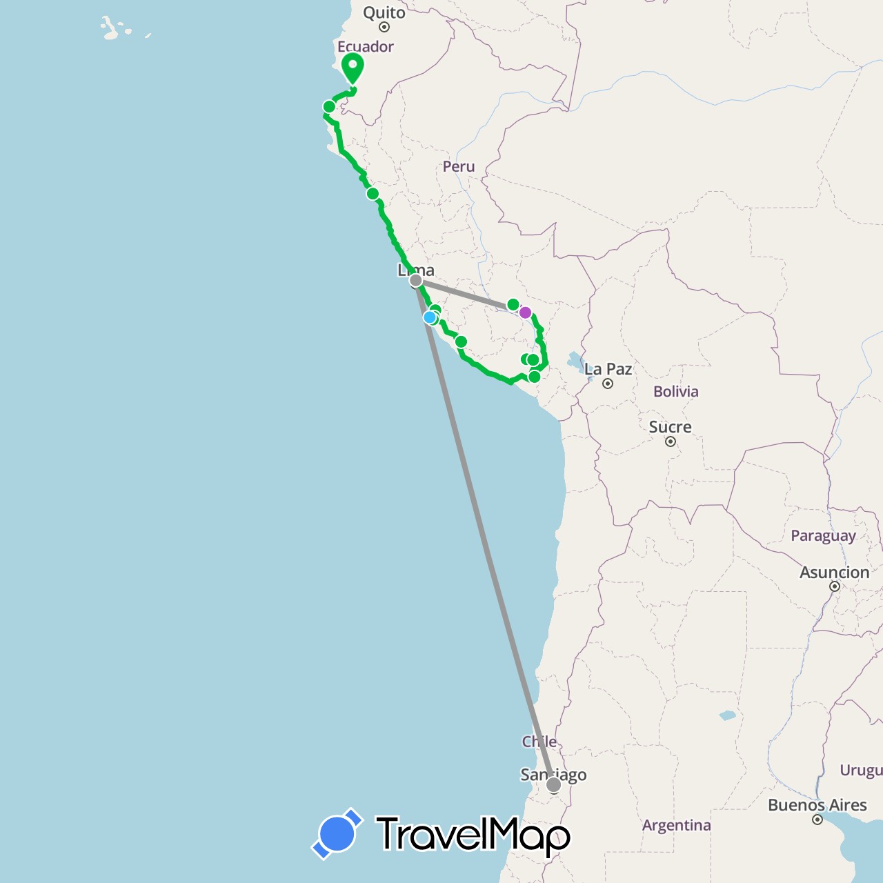 TravelMap itinerary: bus, plane, train, boat in Chile, Ecuador, Peru (South America)