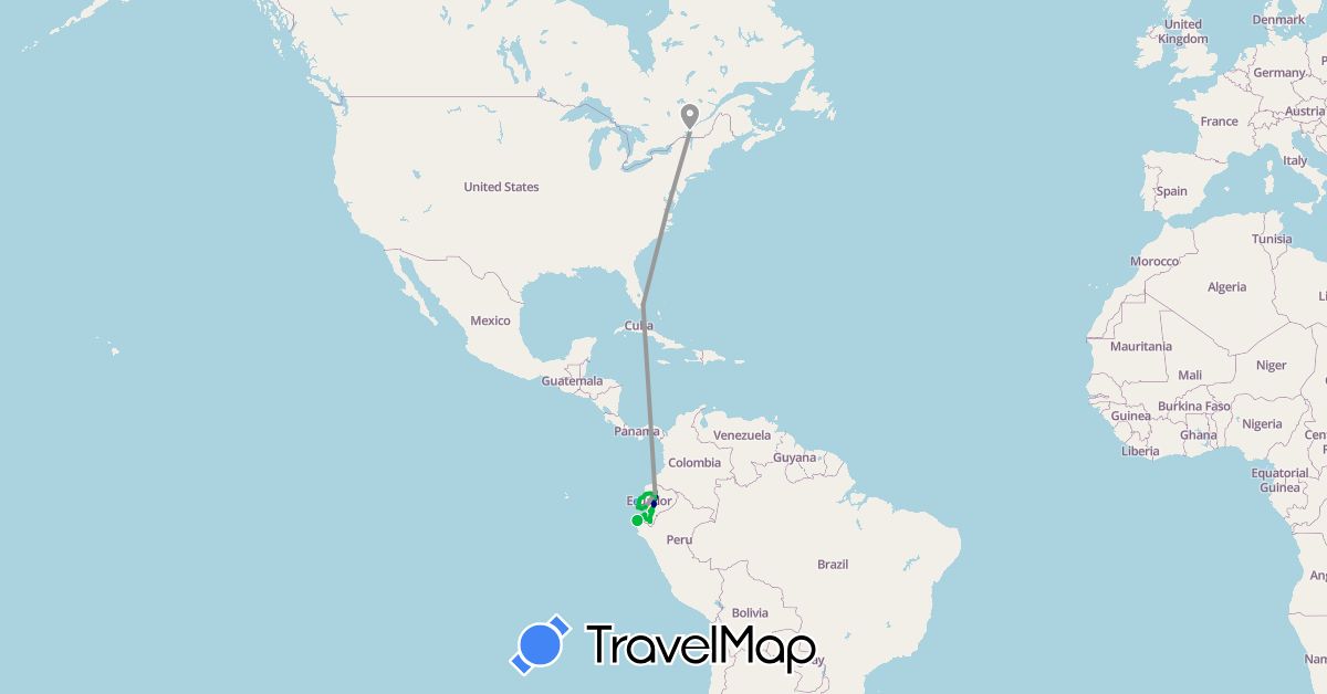 TravelMap itinerary: driving, bus, plane, boat in Canada, Ecuador, Peru, United States (North America, South America)
