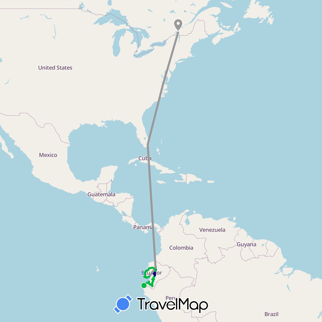 TravelMap itinerary: driving, bus, plane, boat in Canada, Ecuador, Peru, United States (North America, South America)