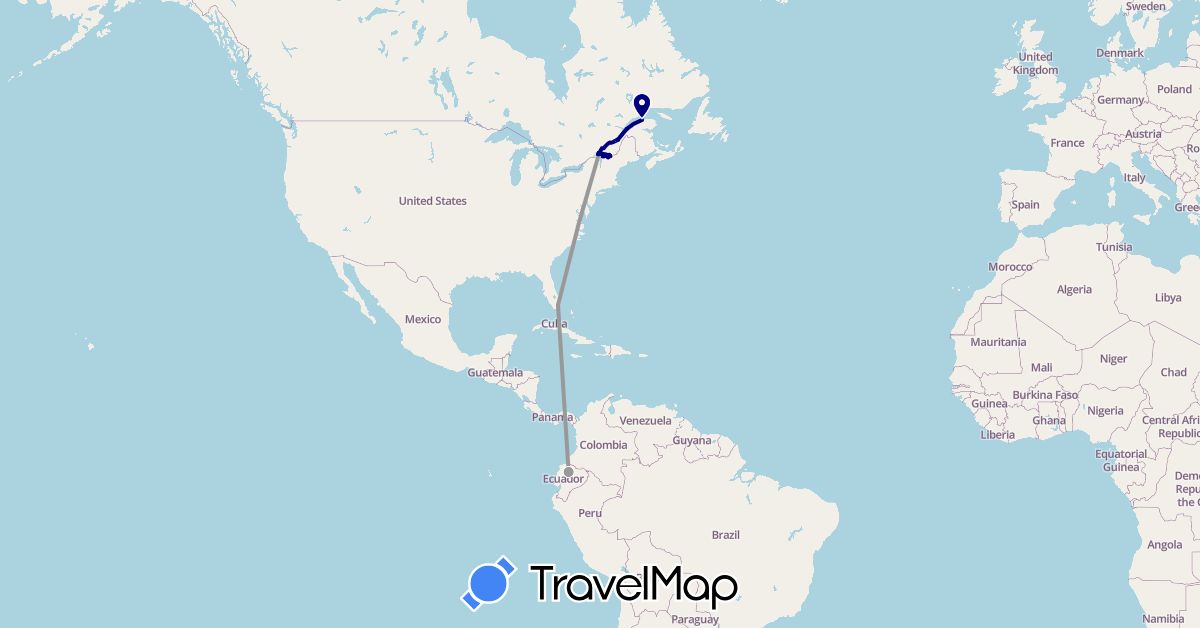 TravelMap itinerary: driving, bus, plane, boat in Canada, Ecuador, United States (North America, South America)