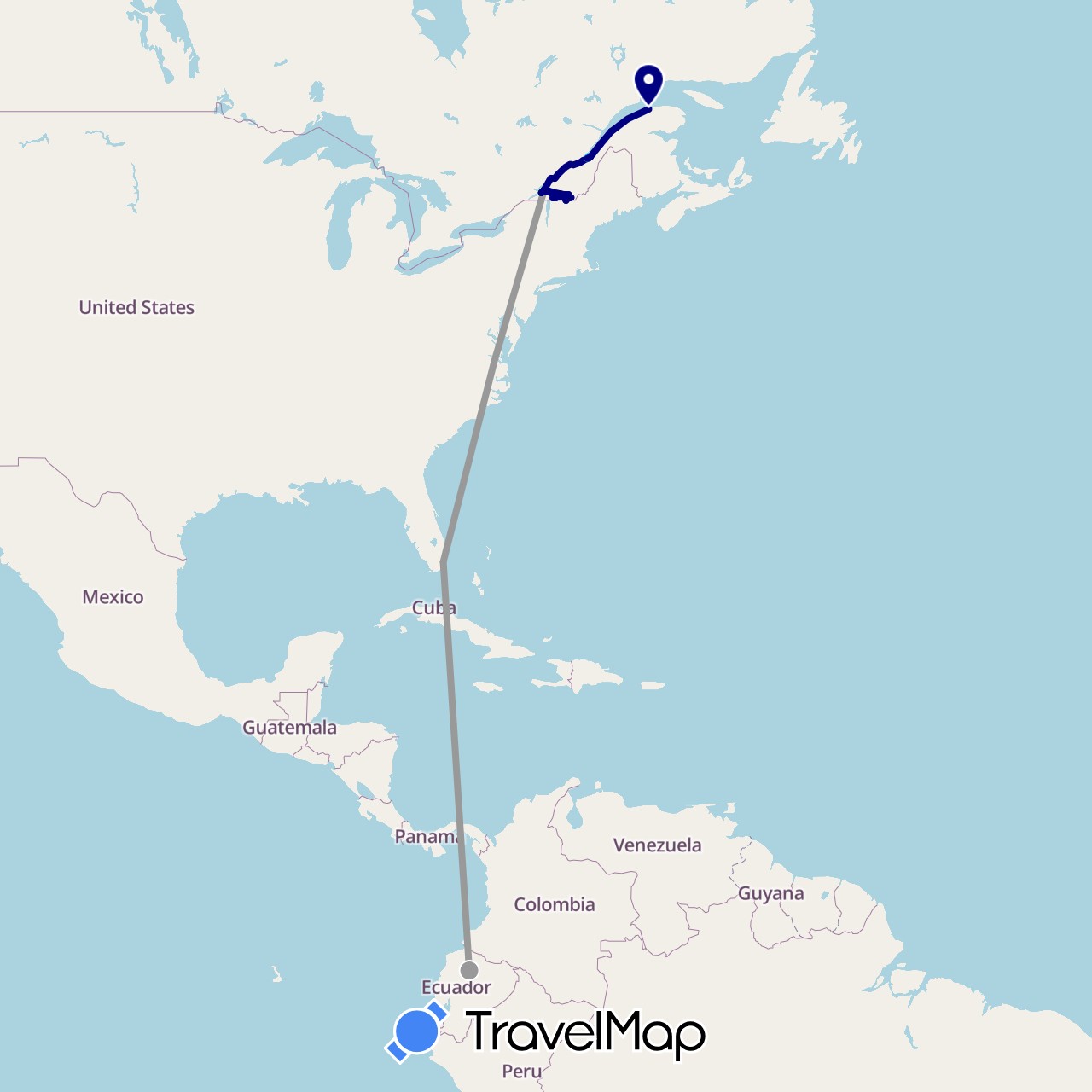 TravelMap itinerary: driving, bus, plane, boat in Canada, Ecuador, United States (North America, South America)
