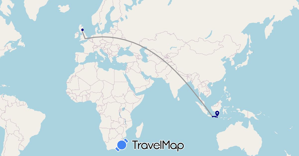 TravelMap itinerary: driving, plane in United Kingdom, Indonesia, Singapore (Asia, Europe)