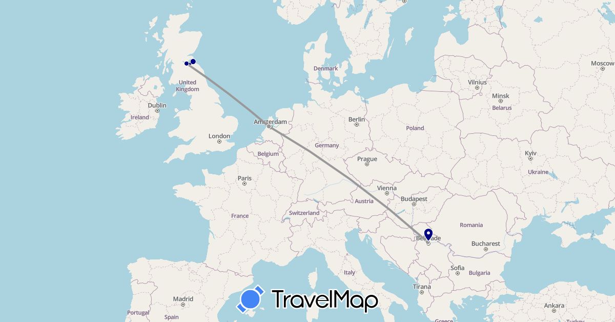 TravelMap itinerary: driving, plane in United Kingdom, Netherlands, Serbia (Europe)