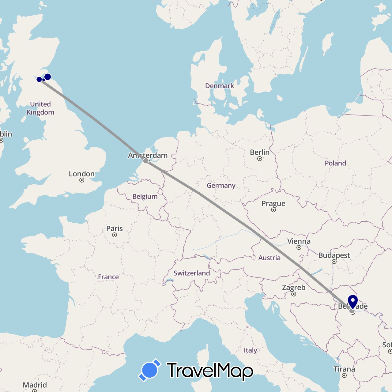 TravelMap itinerary: driving, plane in United Kingdom, Netherlands, Serbia (Europe)