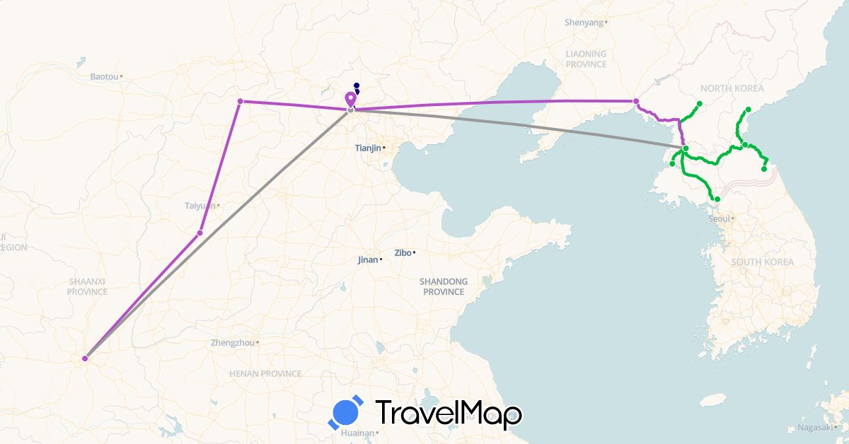 TravelMap itinerary: driving, bus, plane, train in China, North Korea (Asia)