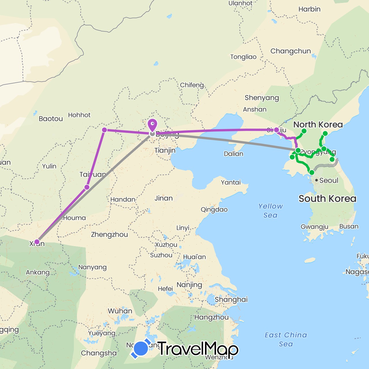 TravelMap itinerary: driving, bus, plane, train in China, North Korea (Asia)