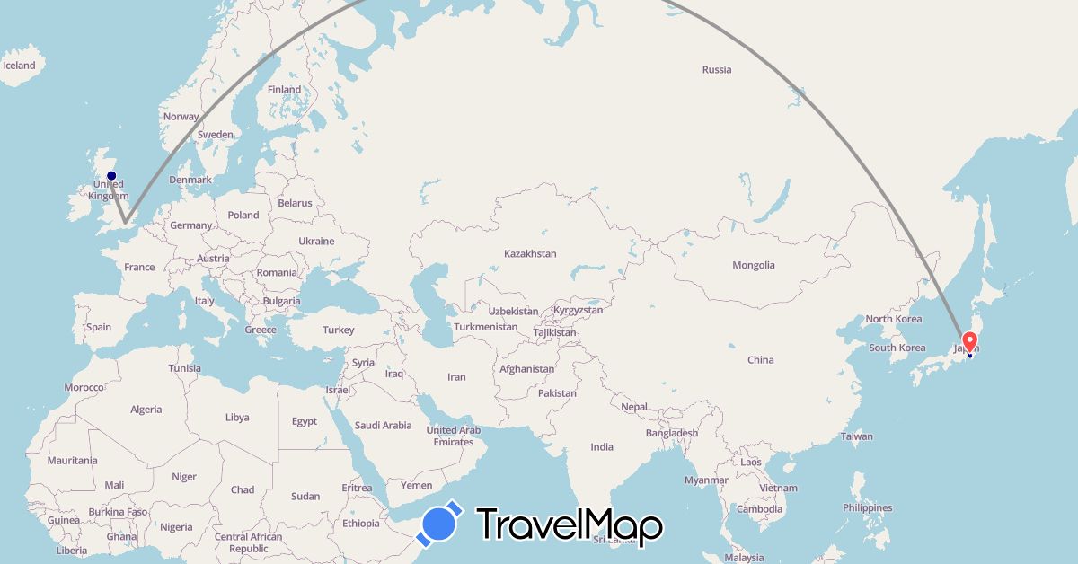 TravelMap itinerary: driving, plane, train, hiking in United Kingdom, Japan (Asia, Europe)