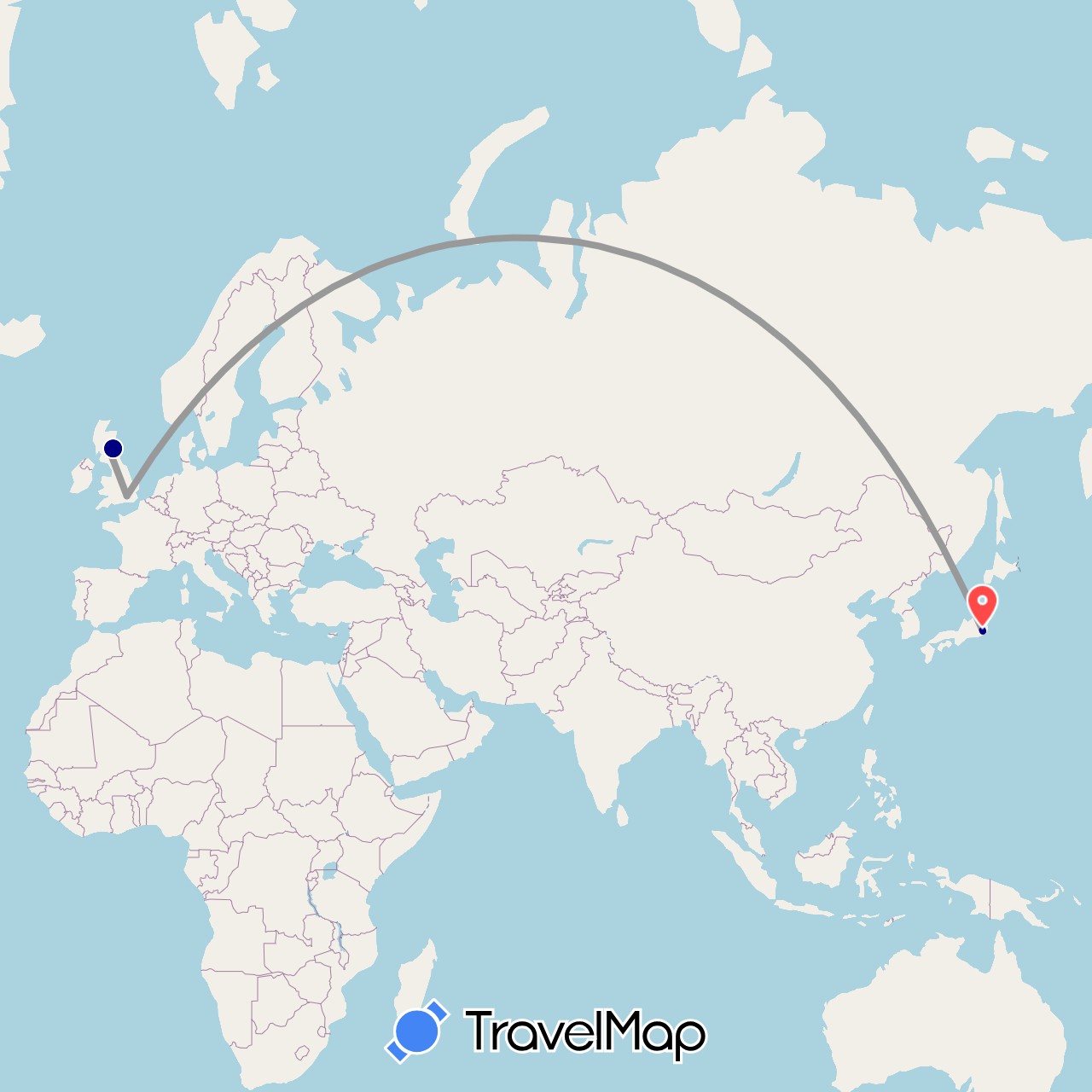 TravelMap itinerary: driving, plane, train, hiking in United Kingdom, Japan (Asia, Europe)