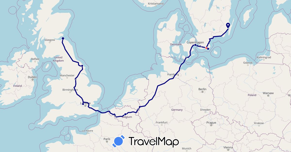 TravelMap itinerary: driving, hiking in Belgium, Denmark, United Kingdom, Sweden (Europe)