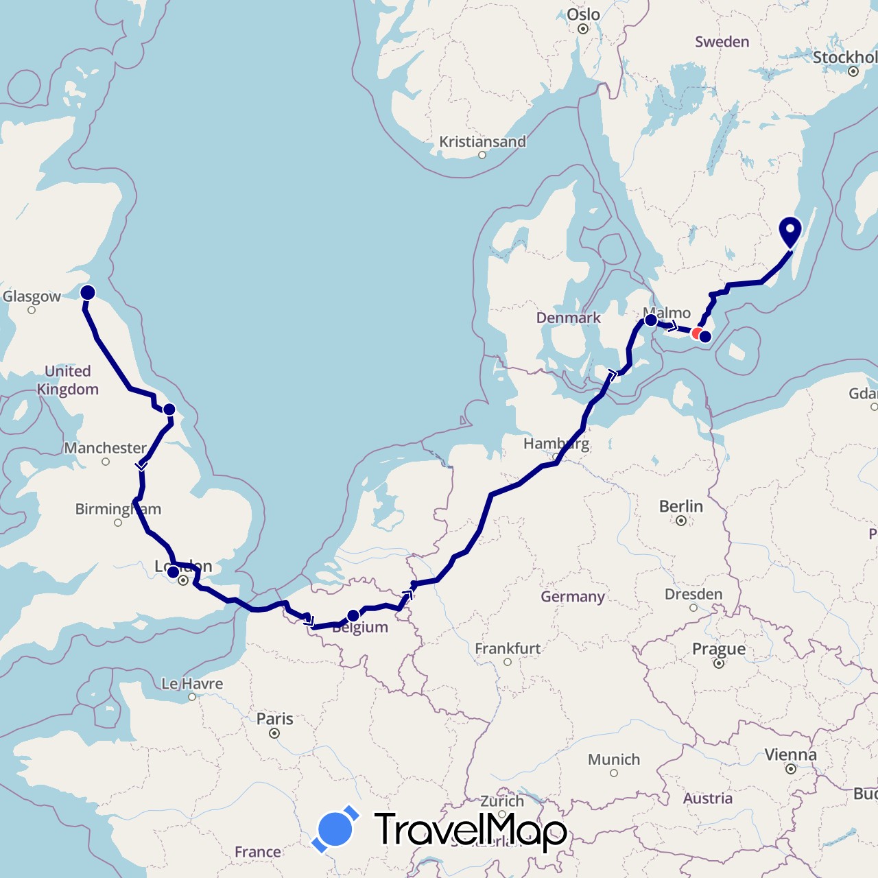 TravelMap itinerary: driving, hiking in Belgium, Denmark, United Kingdom, Sweden (Europe)